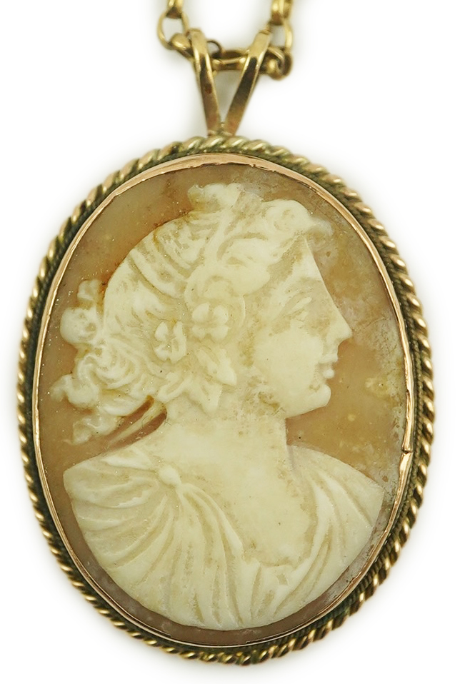 A 9ct gold mounted oval cameo shell pendant, on a 9k gold chain